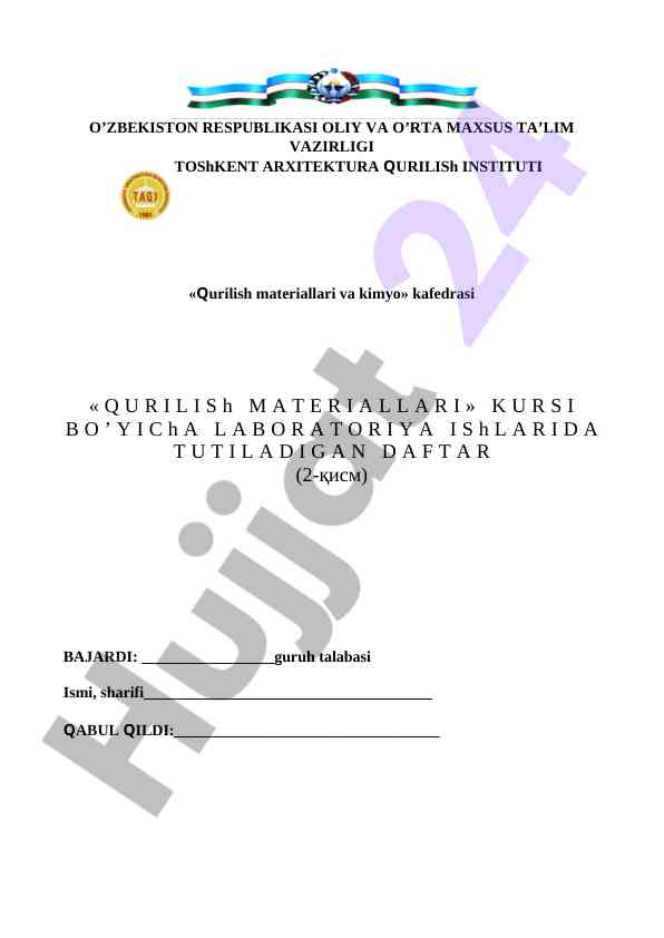 Qurilish Materiallari Kursi Bo'yicha Laboratoriya Ishlari