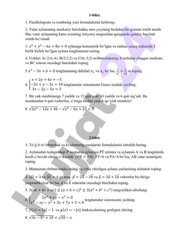 Matematika test savollari va formulalari