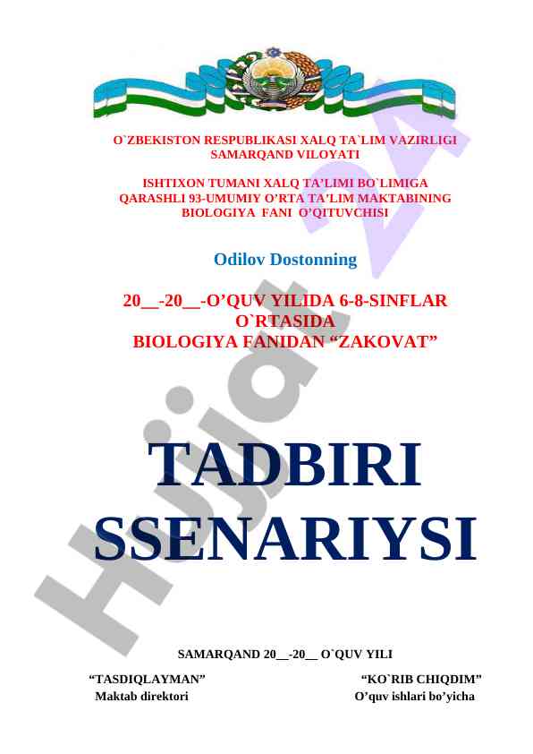 Biologiya fanidan zakonat tadbiri ssenariysi
