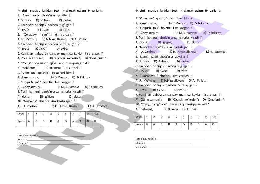 4-sinf musiqa fanidan test i-chorak i-variant