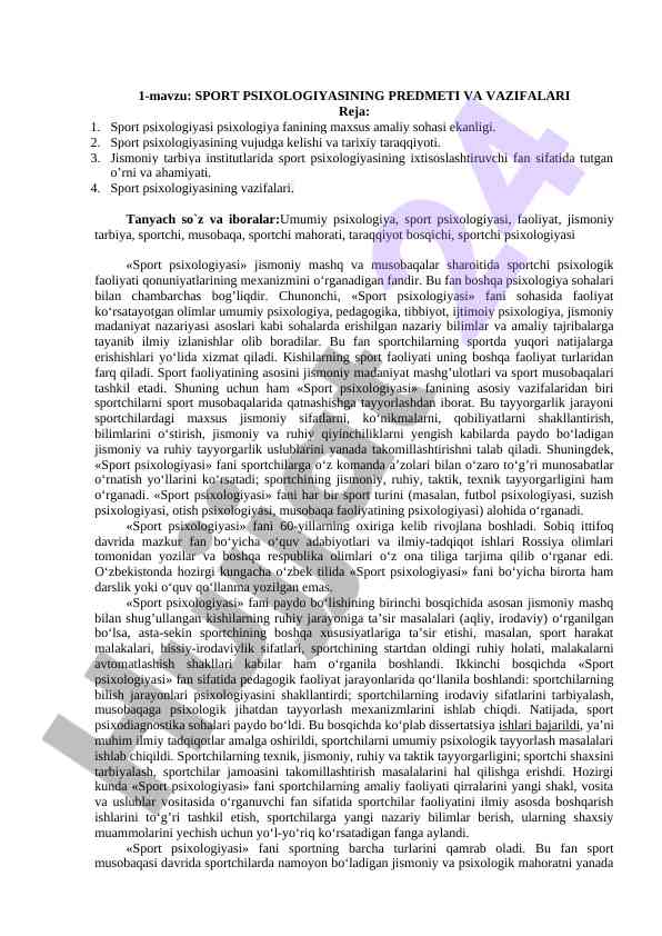 Sport psixologiyasining vujudga kelishi va vazifalari