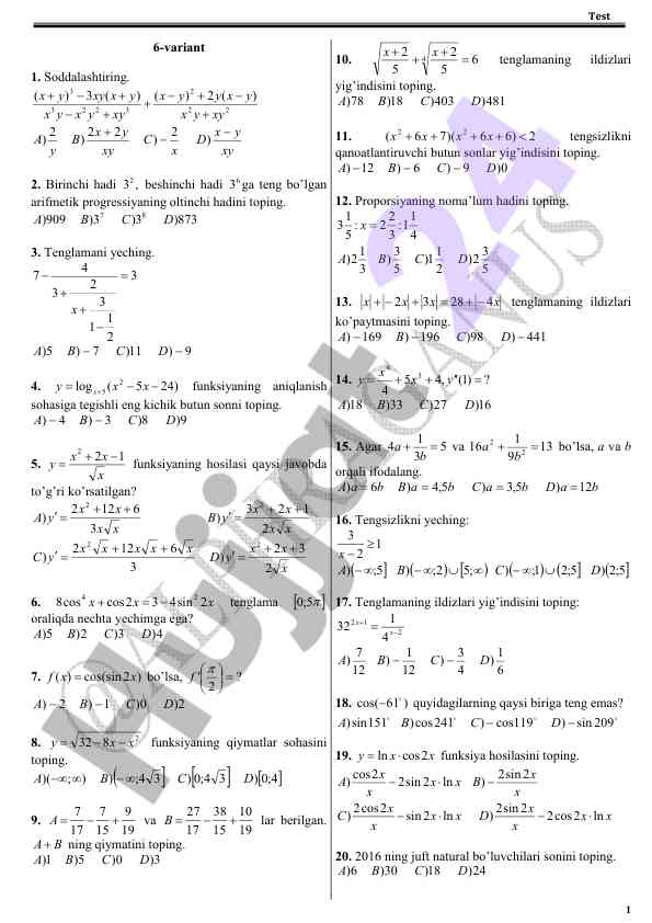Matematik test misollari va tenglamalar