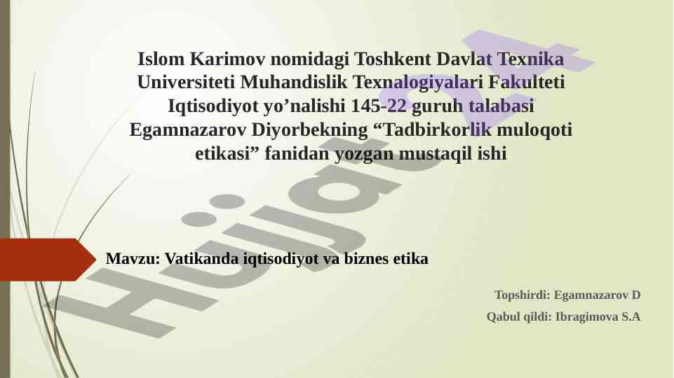 Vatikanda iqtisodiyot va biznes etikasi tahlili