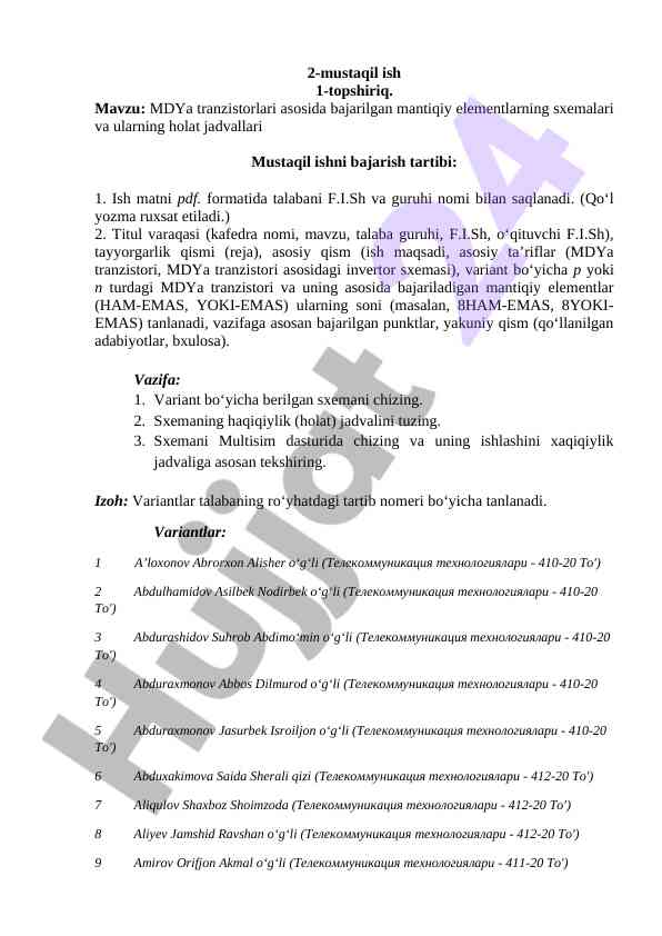 Mdya tranzistorlari asosida mantiqiy elementlar