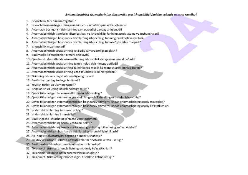 Avtomatlashtirish sistemalari diagnostika savollari