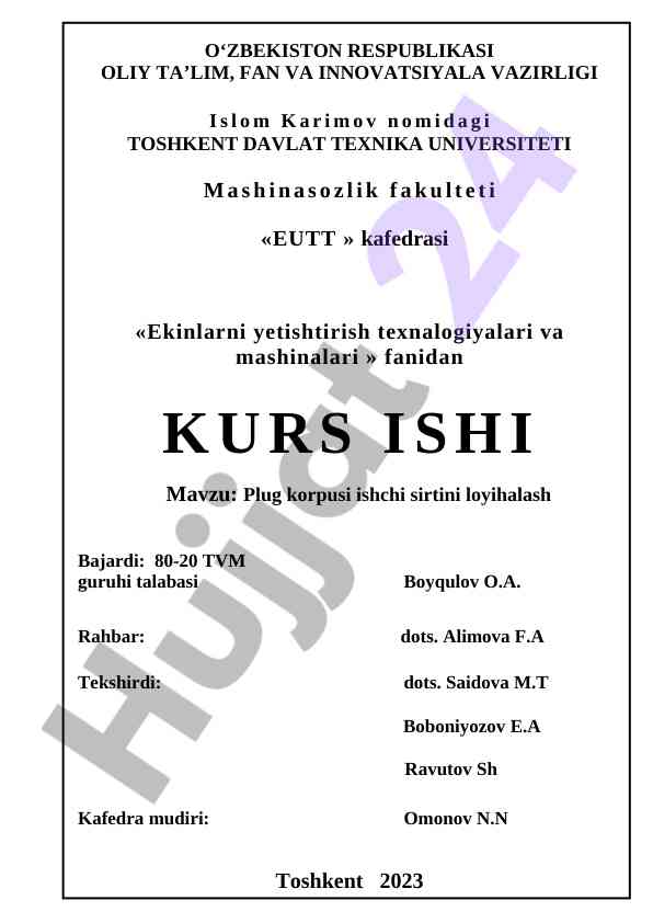 Plug korpusi ishchi sirtini loyihalash