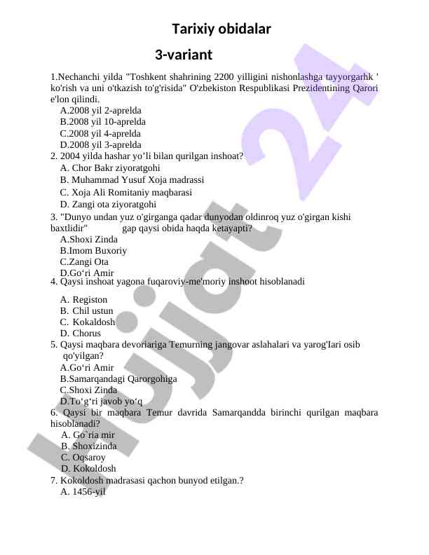 Tarixiy obidalar testi 3-variant