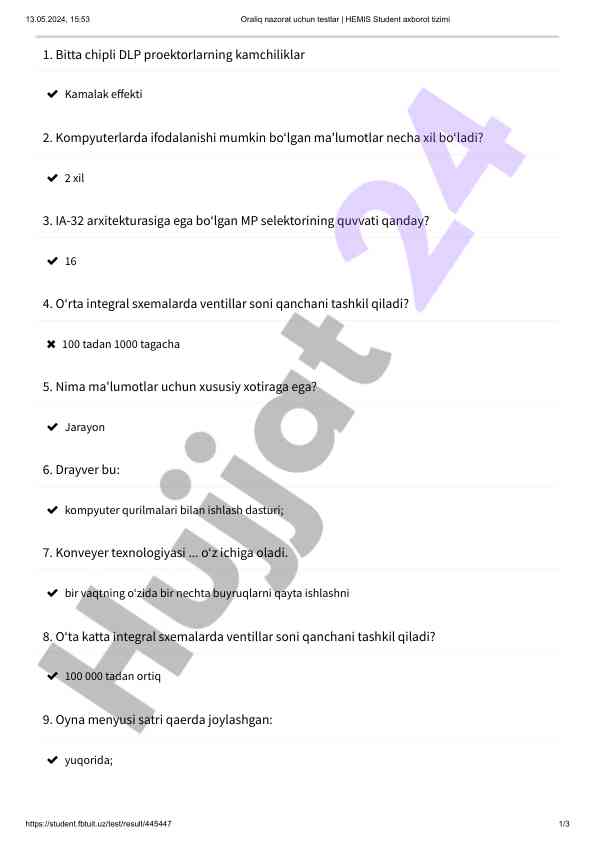 Oraliq nazorat uchun testlar yig‘indisi