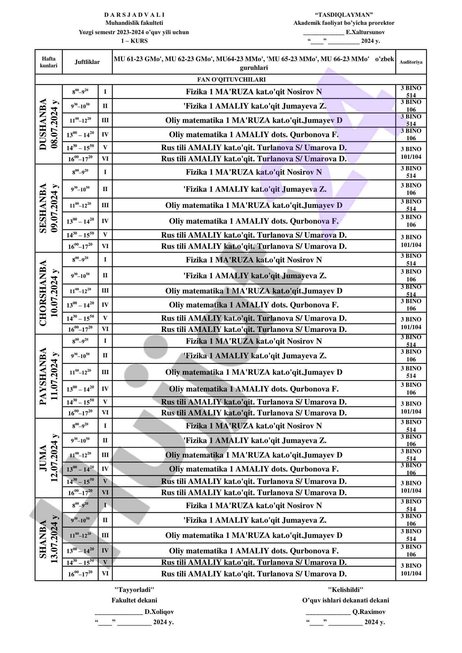 Hafta kuni dars jadvali fizika va oliy matematika