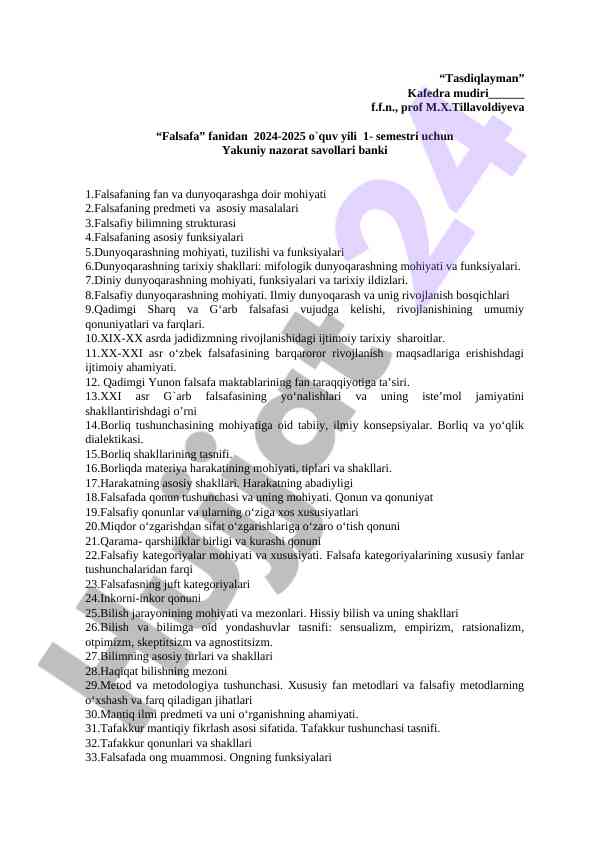 Falsafa fanidan 2024-2025 o‘quv yili nazorat savollari