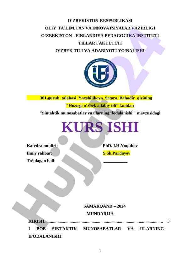 Hozirgi o'zbek adabiy tili sintaktik munosabatlar