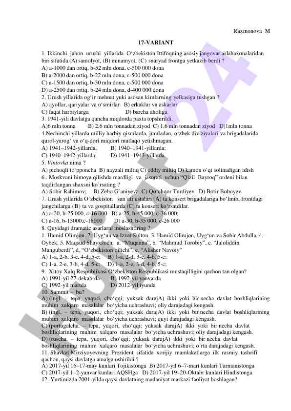 Savollar va javoblar ikkinchi jahon urushi haqida