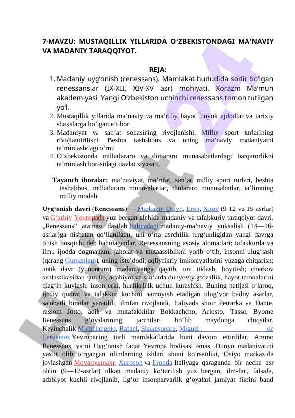 O‘zbekiston mustaqillik yillarida ma’naviy uyg‘onish