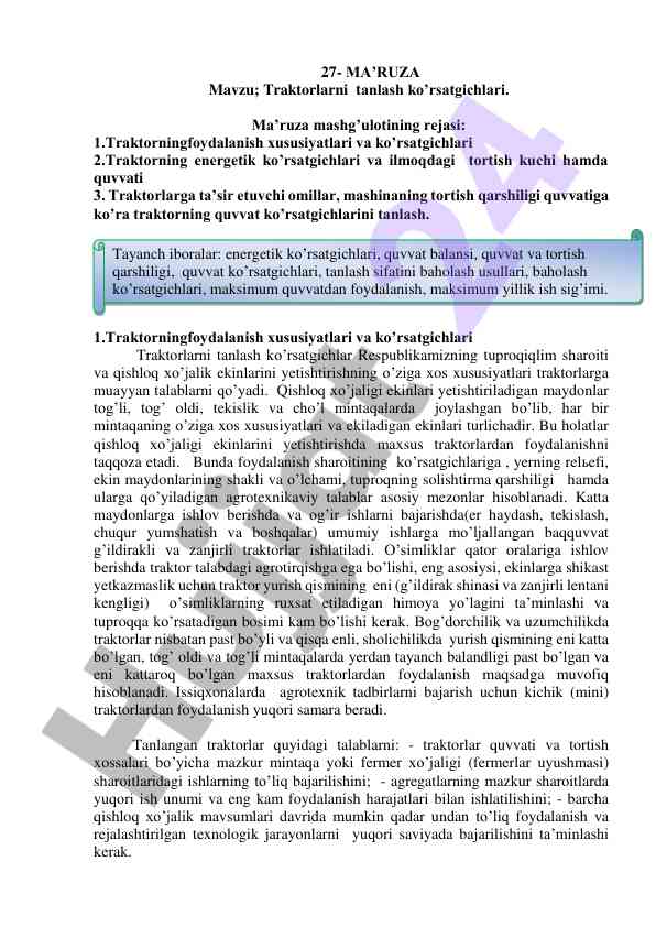 Traktorlarni tanlash ko'rsatgichlari ma'ruza