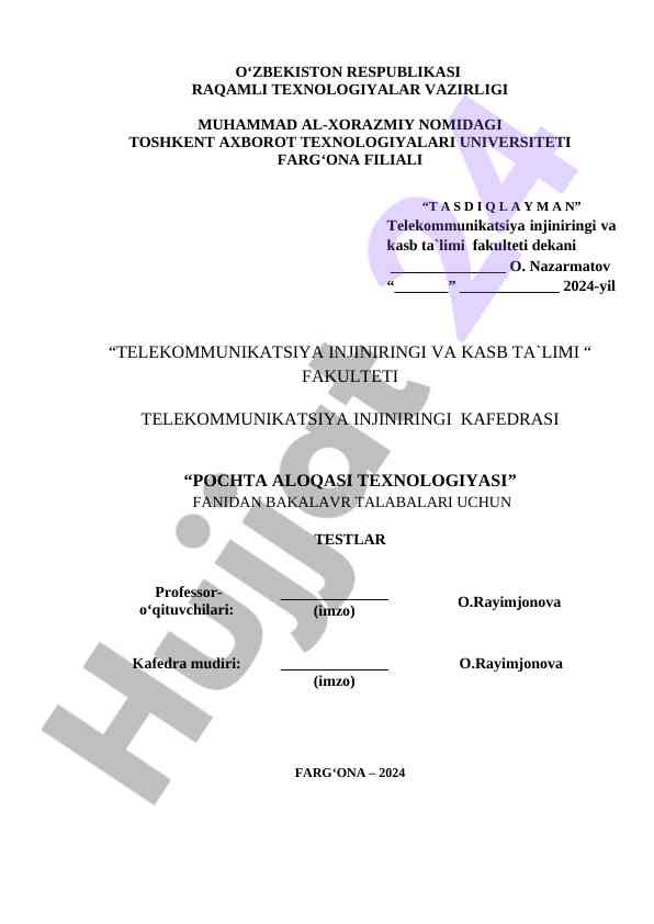 Telekommunikatsiya injiniрingi test savollari 2024 yil