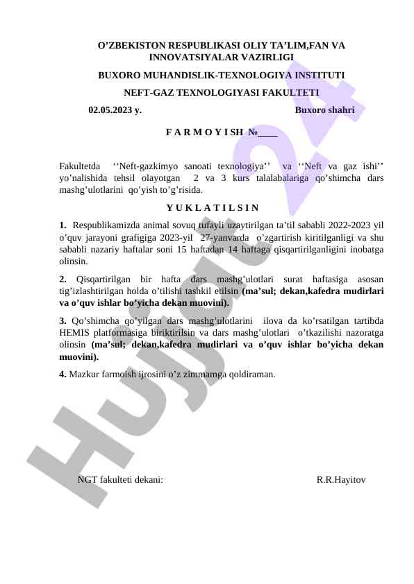 Neft-gaz sanoati texnologiyasi darslari rejalashtirish