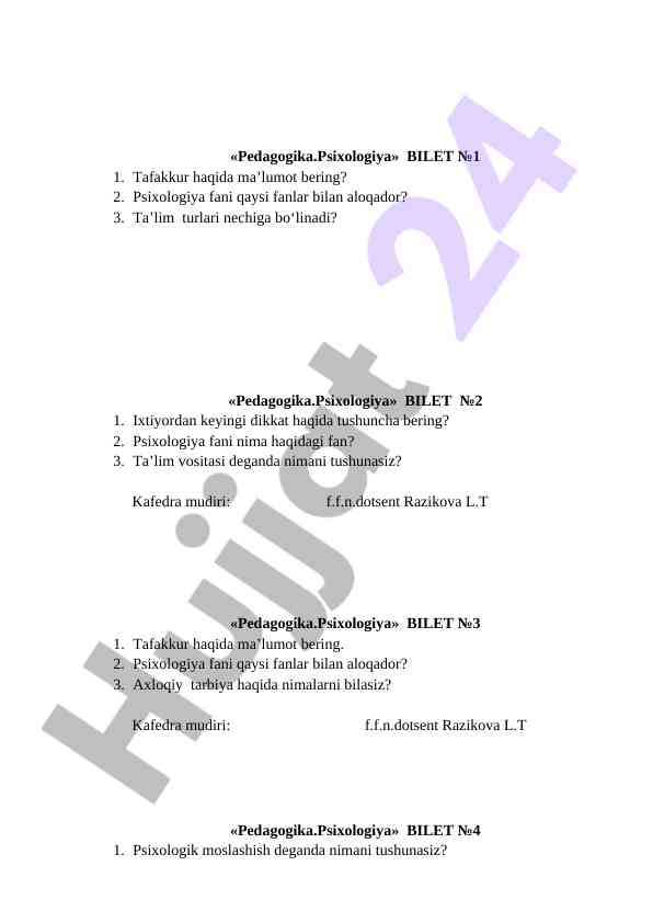 Tafakkur va psixologiya biletlari haqida ma'lumotlar