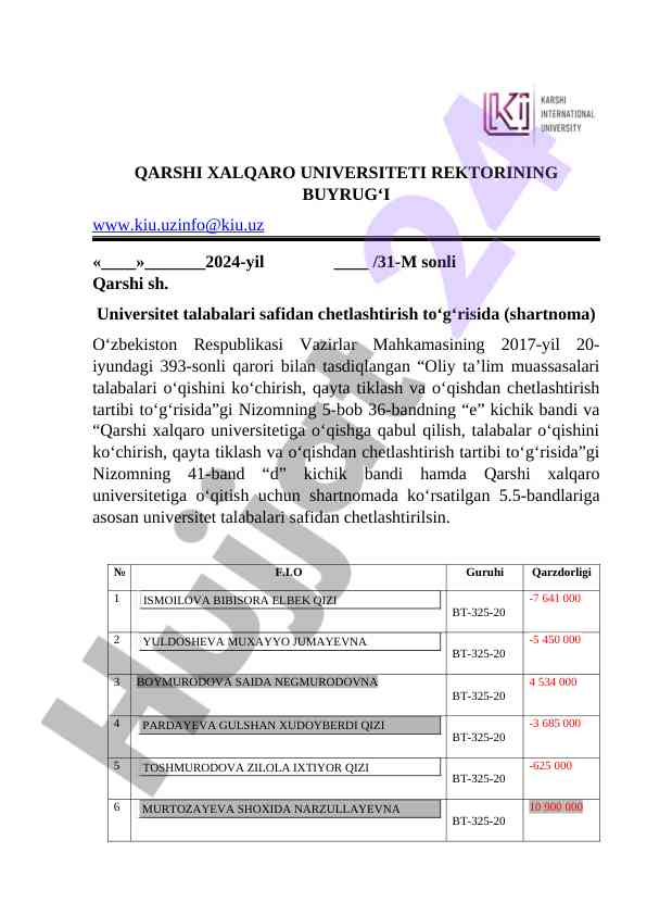 Qarshi xalqaro universitetida talabalar chetlashtirish