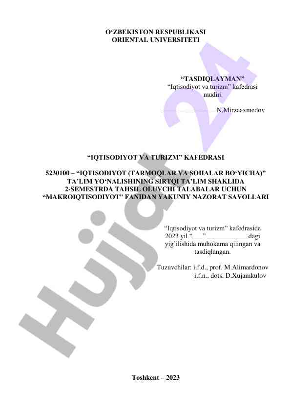 Makroiqtisodiyot fanidan yakuniy nazorat savollari