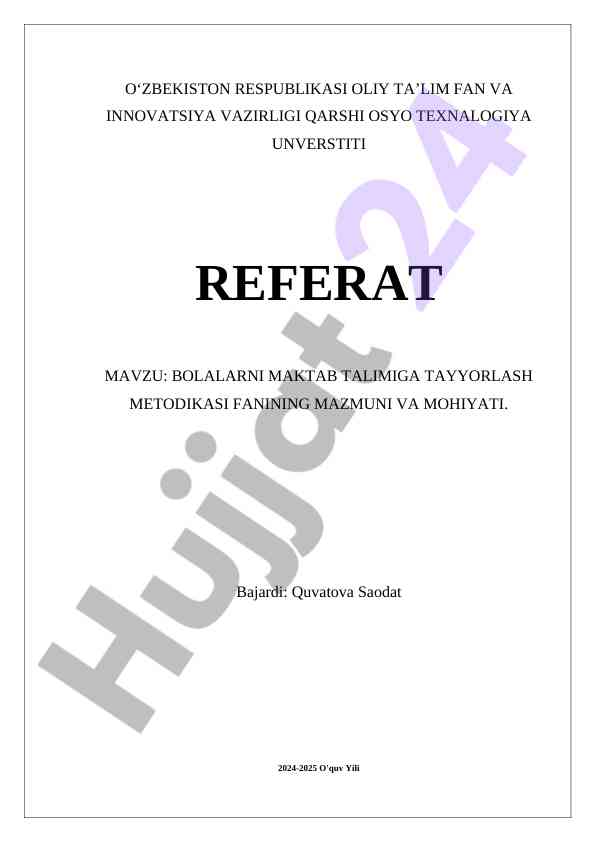 Bolalarni Maktab Talimiga Tayyorlash Metodikasi