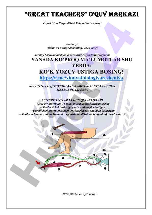 Biologiya darsligi mavzusalashtirilgan testlar to'plami