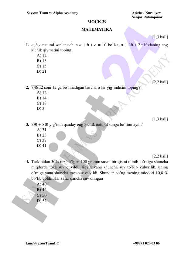 Matematika testi for sayxun team students