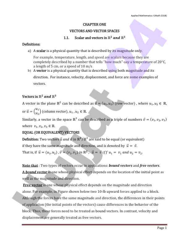 Vectors and vector spaces in applied mathematics