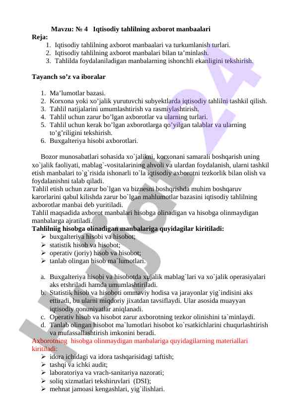 Iqtisodiy tahlilning axborot manbaalari va tahlil usullari