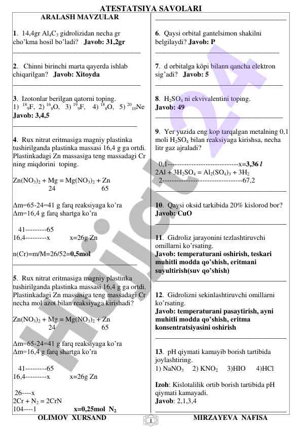 Kimyo fanidan test savollari talabalarga