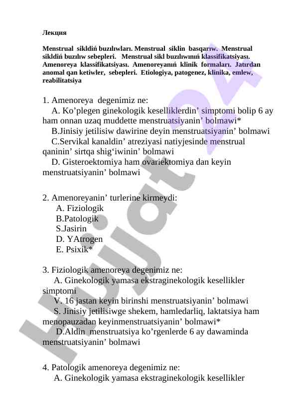 Menstrual siklin buzılıwları va amenoreya klassifikatsiyasi