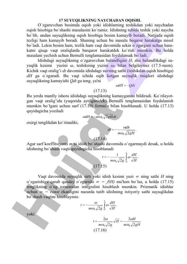 Suyuqlikning naychadan oqishi va bernulli tenglamasi