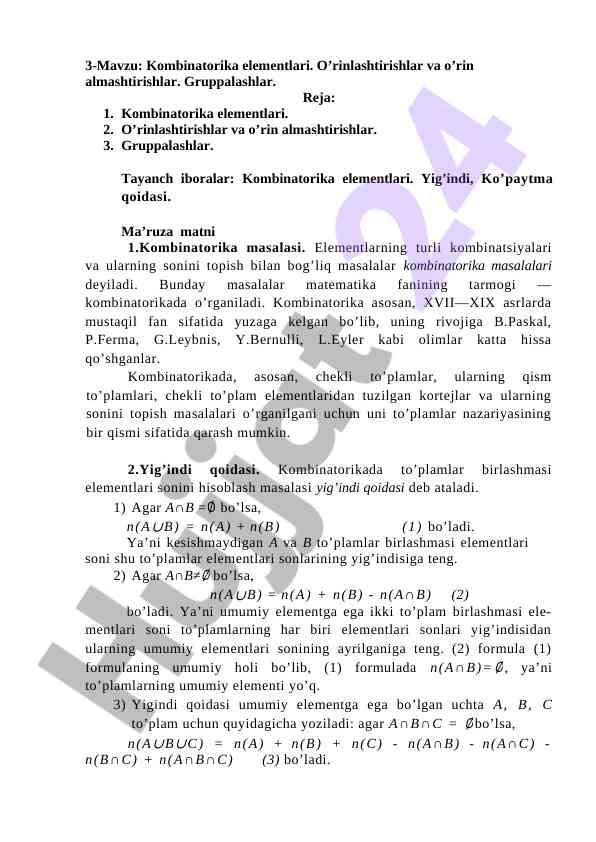 Kombinatorika elementlari va o‘rinlashtirishlar