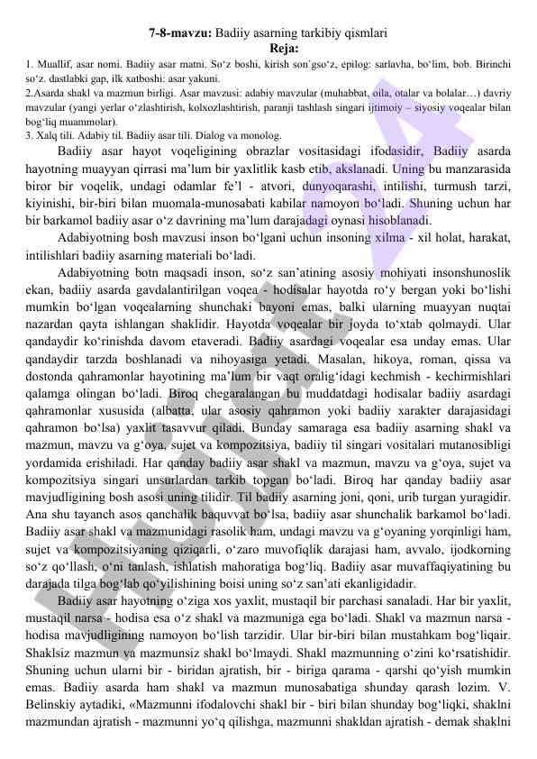 Badiiy asarning tarkibiy qismlari tahlili