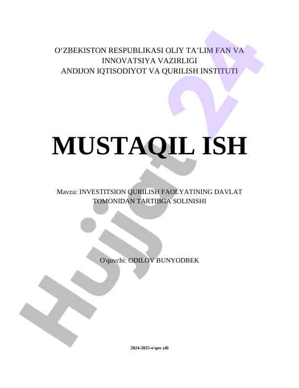 Investitsion Qurilish Faoliyatining Davlat Tartibga Solinishi