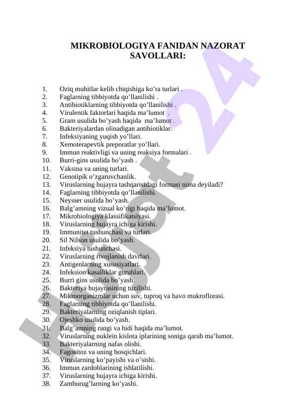 Mikrobiologiya fanidan nazorat savollari