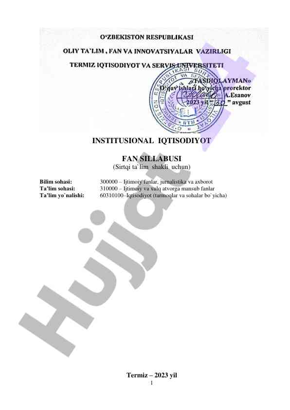 Institusional iqtisodiyot fan sillabusi