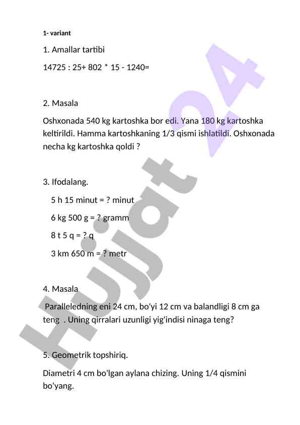 Matematika nazorat ishlarining amallari