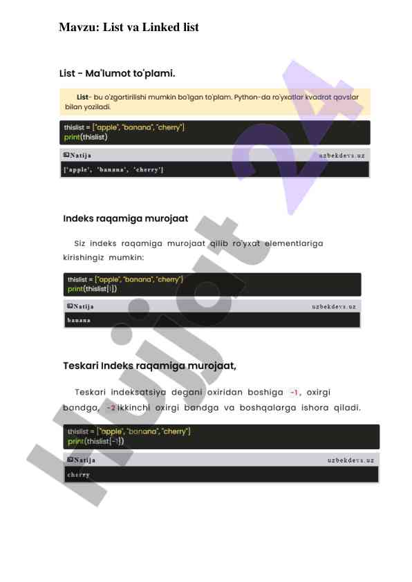 List va linked list tushunchalari va ular