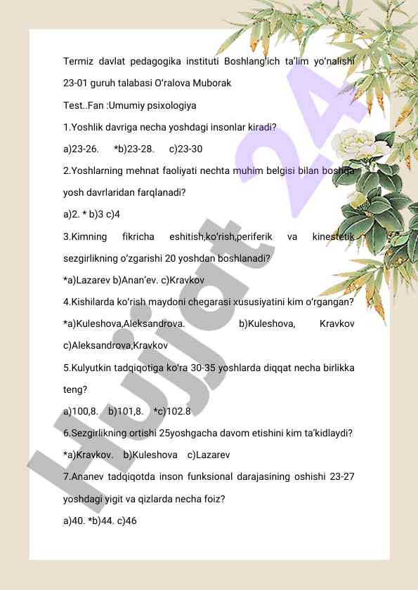 Umumiy psixologiya testlari va savollari