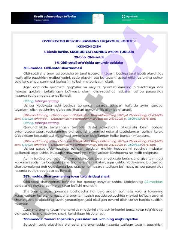 O‘zbekiston respublikasining fuqarolik kodeksi va majburiyatlar