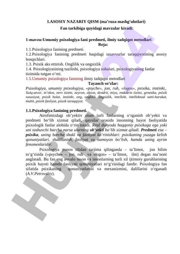 Umumiy psixologiya fani va ilmiy tadqiqot usullari