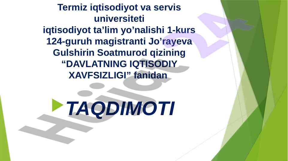 Davlatning iqtisodiy xavfsizligi taqdimoti