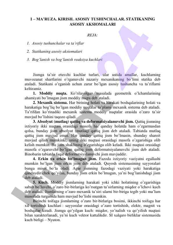 Statikaning asosiy aksiomalari va tushunchalari