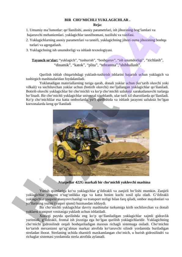 Bir cho’michli yuklagichlar: asosiy parametrlar