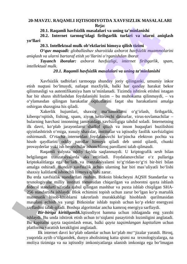 Raqamli iqtisodiyotda xavfsizlik masalalari