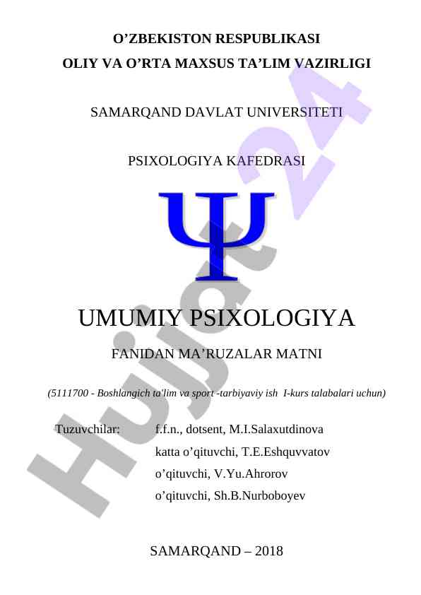Umumiy psixologiya fanidan ma'ruza matni