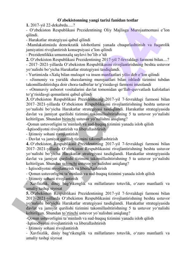 O‘zbekiston yangi tarixi fanidan testlar