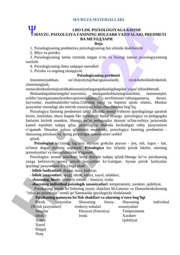 Psixologiyaga kirish dars materiallari