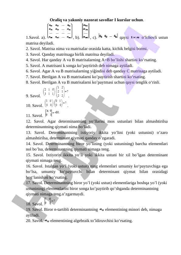 Matritsalar haqida savollar i kurslar uchun