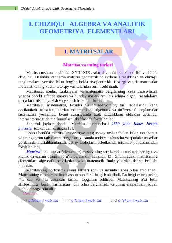 Matritsa tushunchasi va uning tatbiqlari